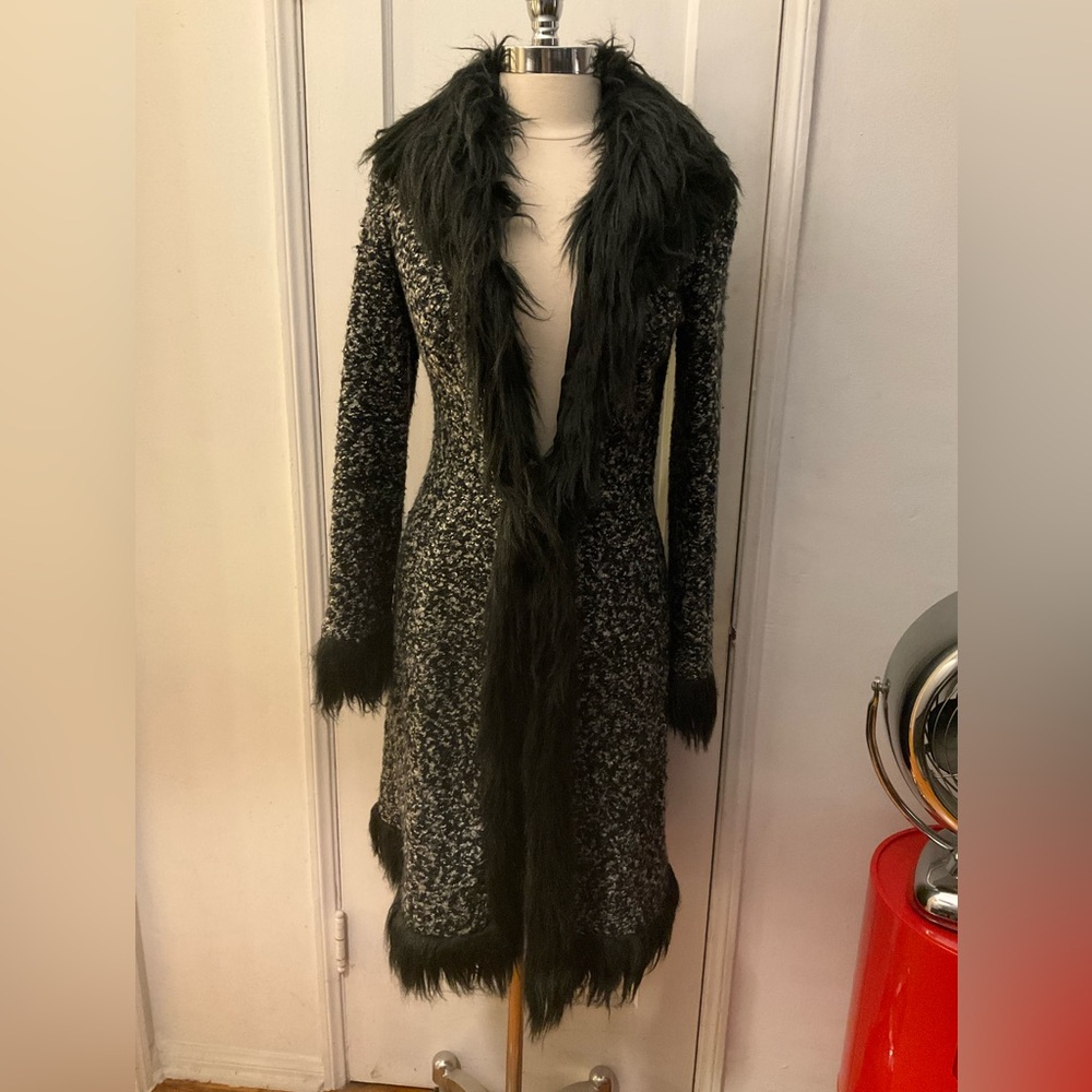 Betsey Johnson Rare Vintage Boucle Coat Black and White Faux Fur Trim L